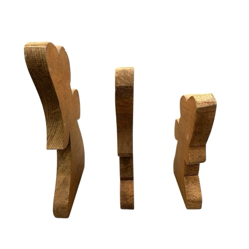 Vintage Wooden Angel Candle Holder Set – Rustic Primitive Decor – Set of 3